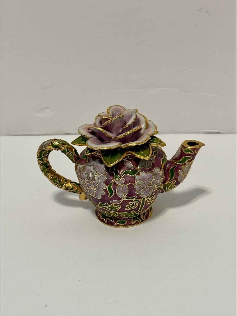 Vintage Style Cloisonné Enamel Miniature Teapot Floral Rose Lid Gold Trim